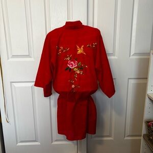 Fedo Women’s Small Vintage Red Embroidered Kimono Robe Haori Phoenix Floral